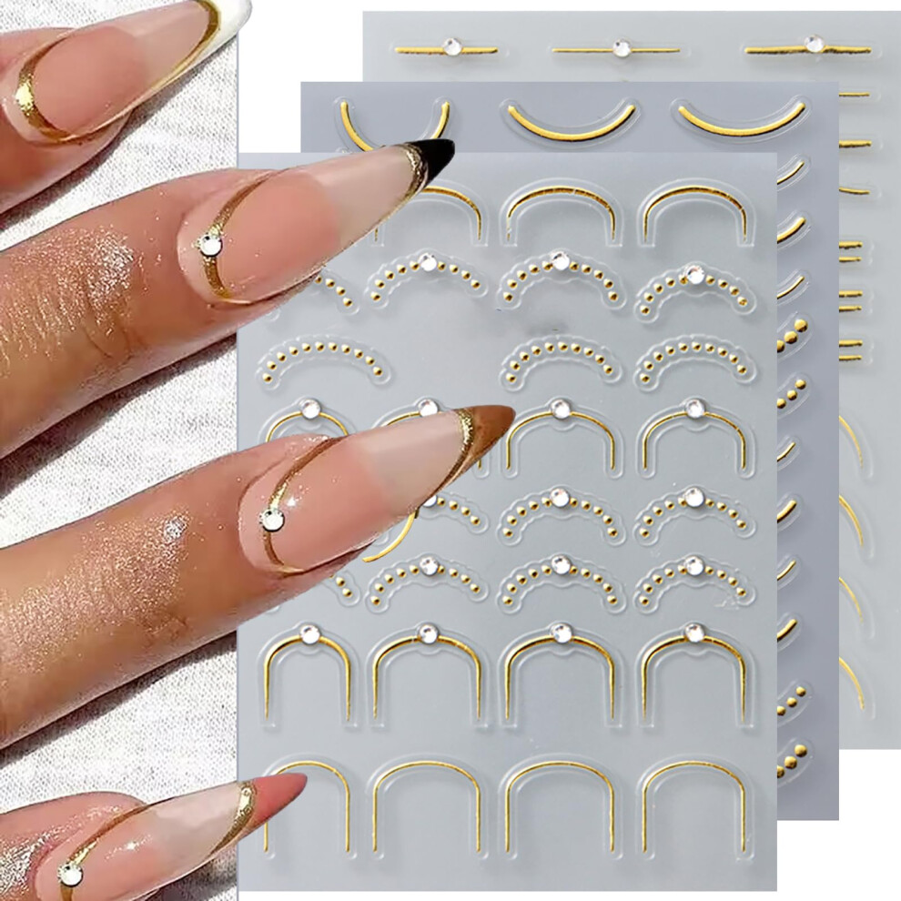 Gold 5D Embossed French Tip Nail Stickers With Rhinestones, Selfadhesive Nail Art Decals, 3 Sheets