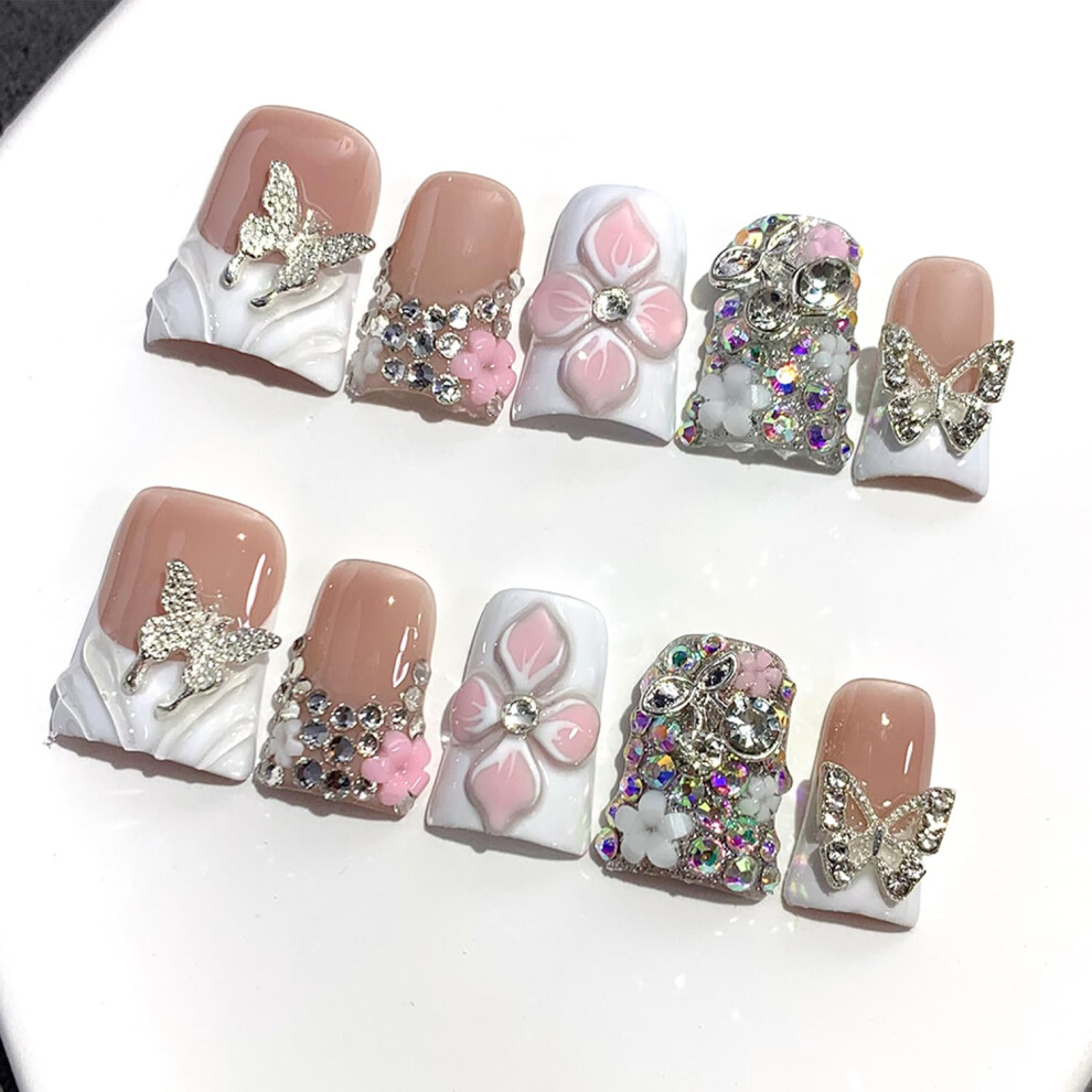 Handmade Press On Nails with Glue, Medium Duck Shape, 3D Flower and Rhinestone Butterfly, Reusable Acrylic Luxury False Nails Size M
