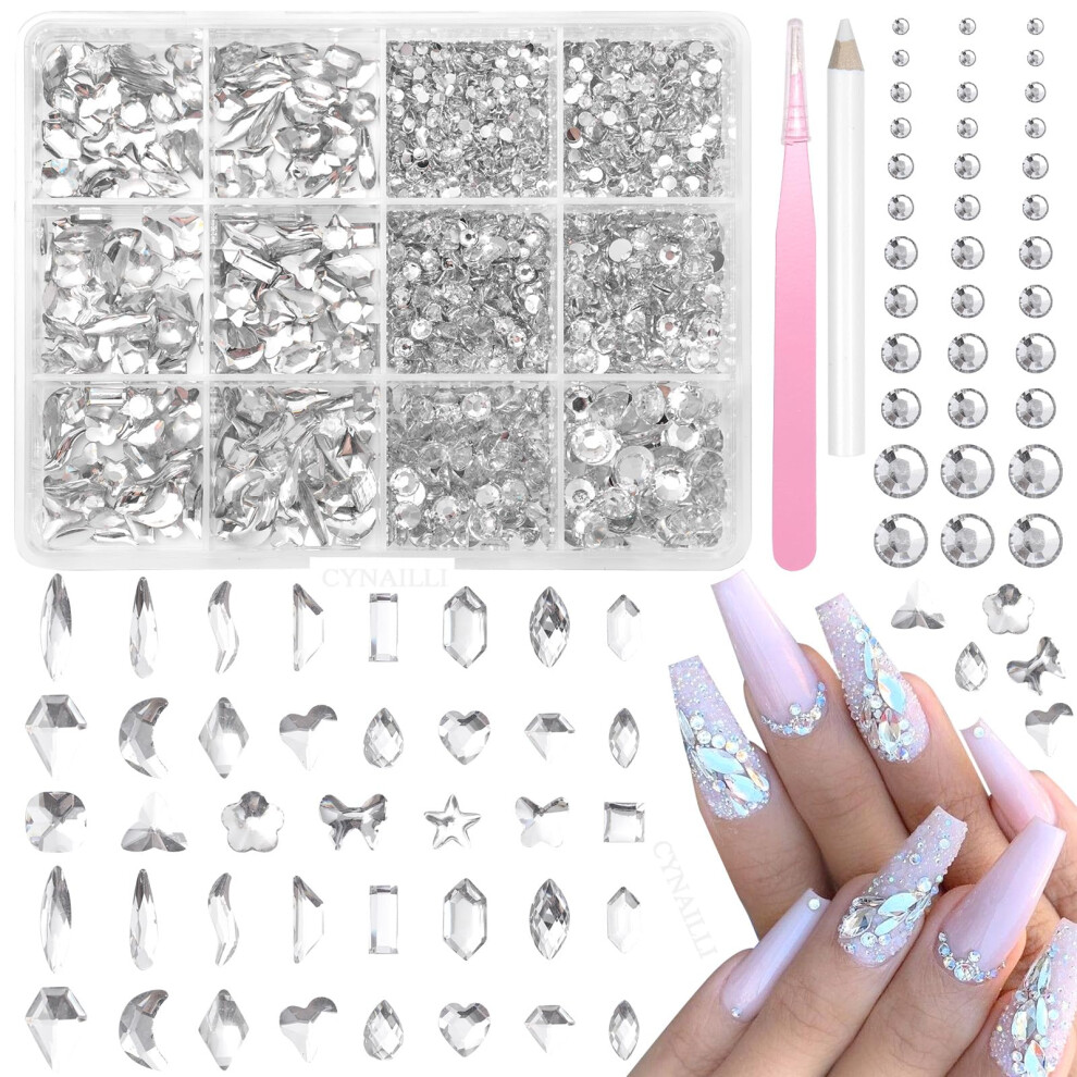 White Nail Art Rhinestones Kit Multishape Flatback Gems With Tweezer And Pencil For Diy Crafts