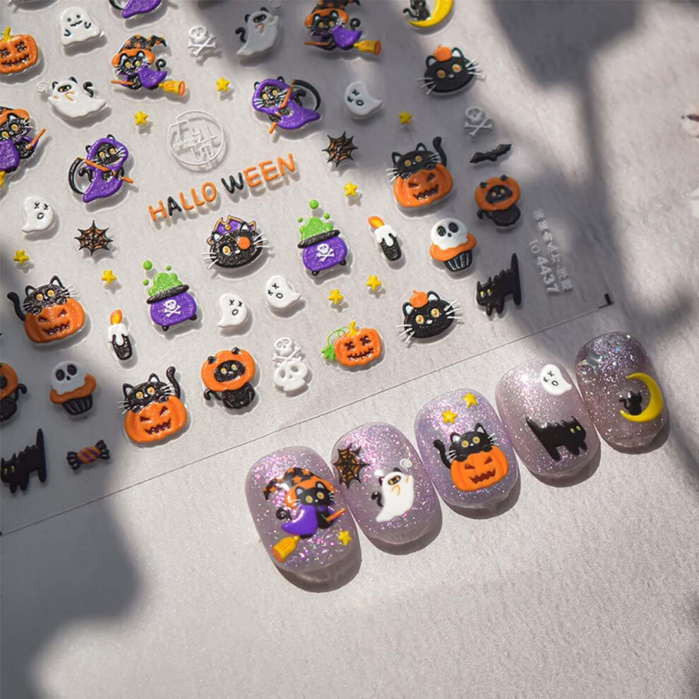 5D Embossed Halloween Nail Stickers Pumpkin Cat Skull Ghost SelfAdhesive Nail Art Decals for DIY Manicure