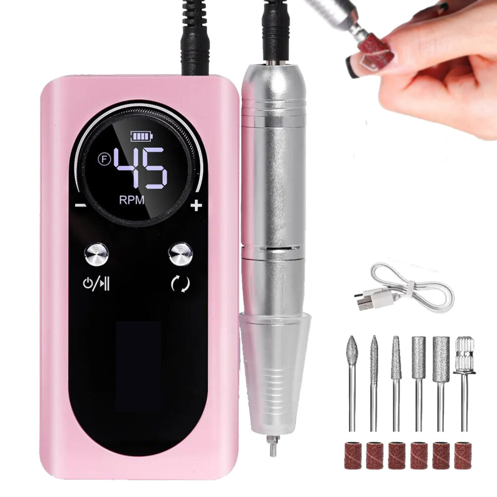 Pink Electric Nail Drill 45000 Rpm Rechargeable With 6 Bits Lcd Display For Acrylic And Gel Nails