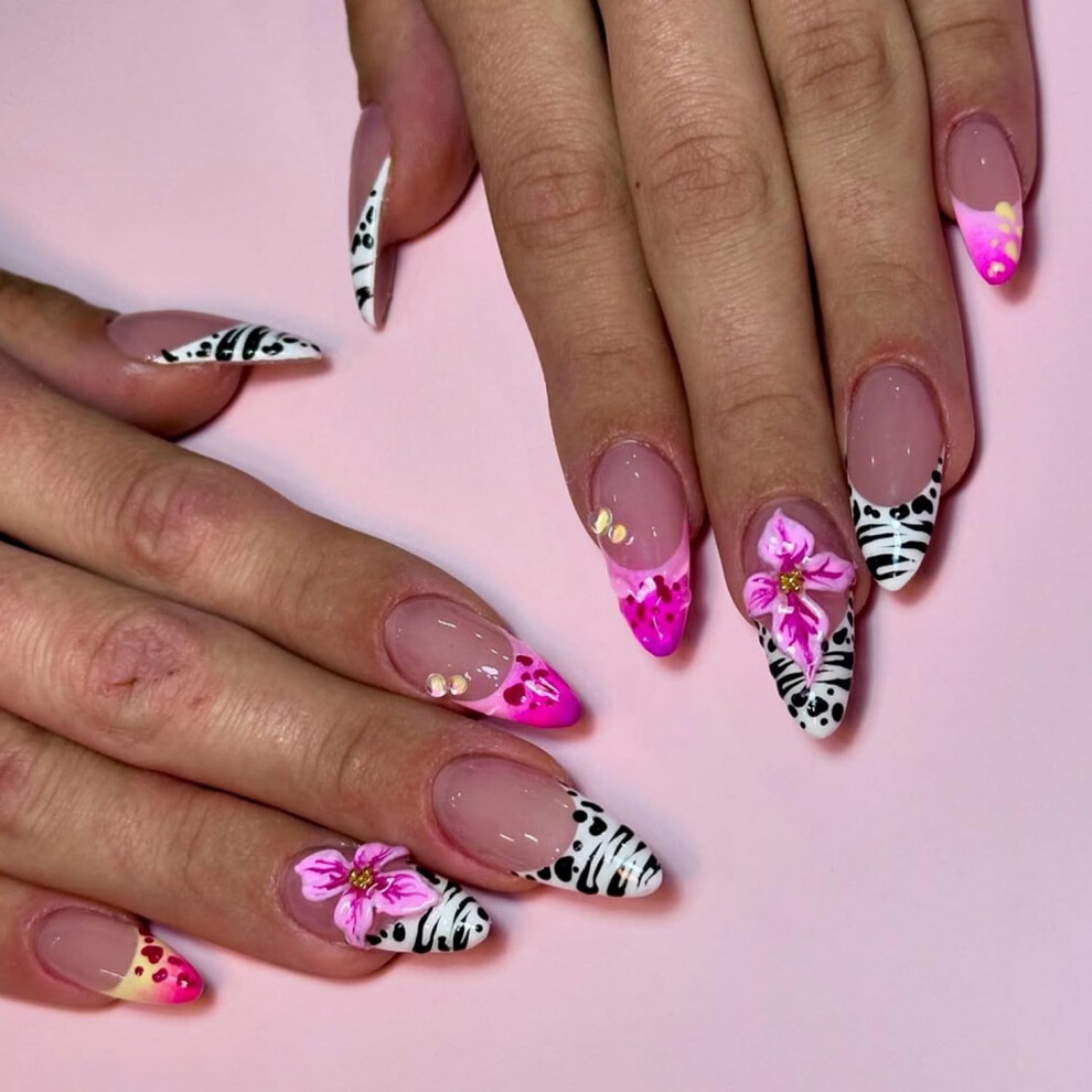 Almond Press On Nails with Zebra Stripes and Rhinestones, 3D Acrylic French Tip False Nails, 24pcs