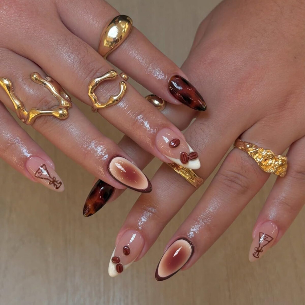Almond French Tip Press on Nails Brown Gradient Coffee Bean Design Reusable Salon Quality Set 24Pcs