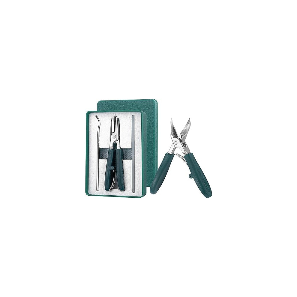 Green Nail Clippers Set For Thick And Ingrown Toenails, Large Jaw, Splash Guard, 3In1 Stainless Steel Kit