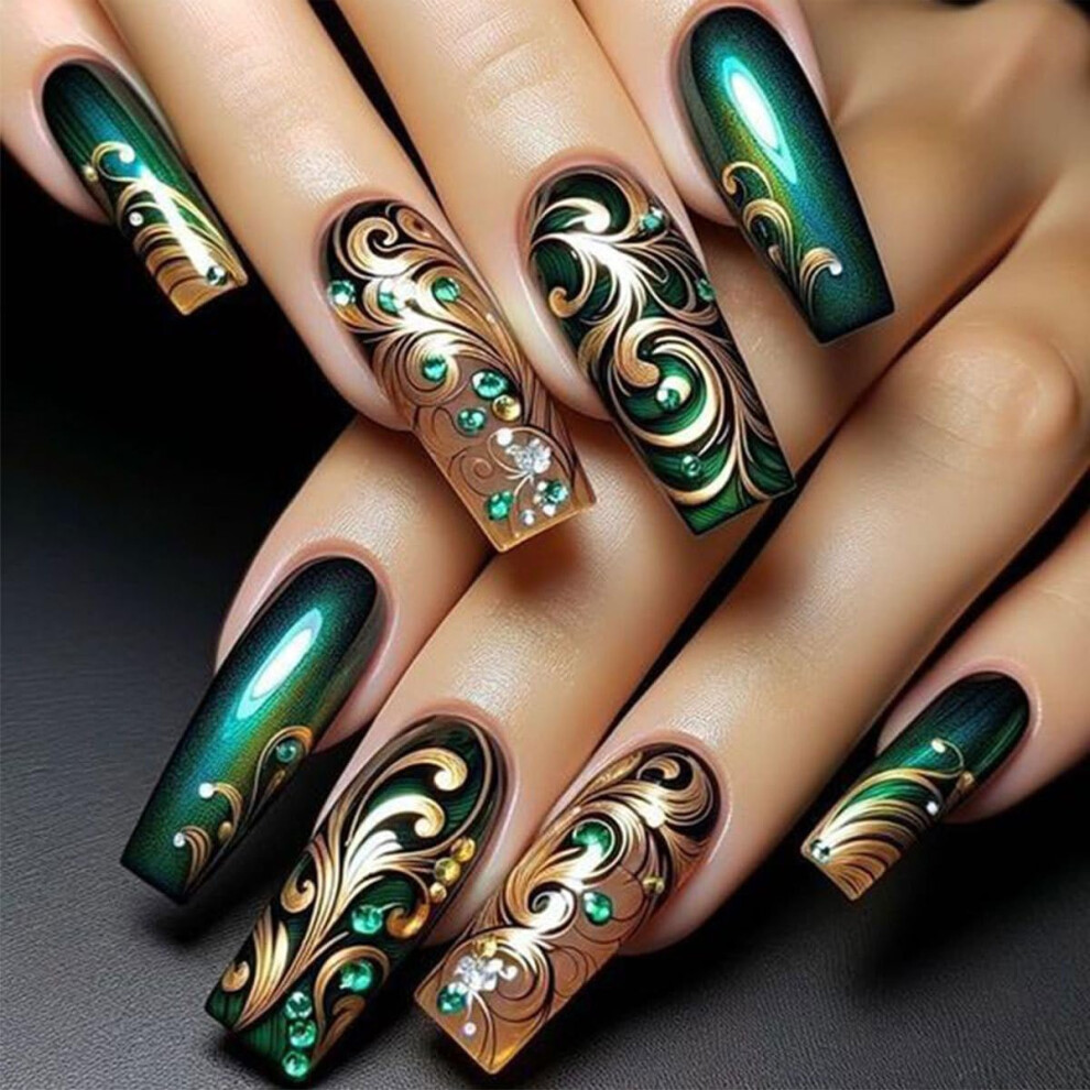 Green Dark Coffin Press On Nails With Rhinestones, Medium Length Acrylic False Nails With Glue
