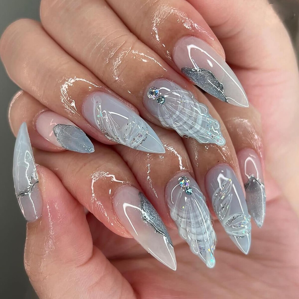 Almond Medium Press On Nails 24Pcs Nude White Fake Acrylic Set with Rhinestones for Women