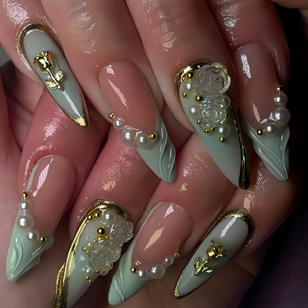 Green Almond Press On Nails With 3D Flowers French Tip Fake Nails Salonstyle Acrylic 24Pcs