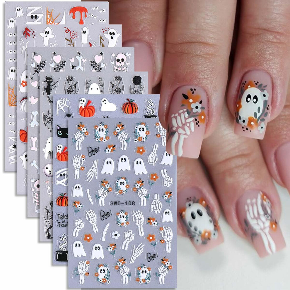 Halloween Nail Stickers for Women, 6pcs Self Adhesive Cute Ghost Pumpkin Skeleton Nail Art Decals