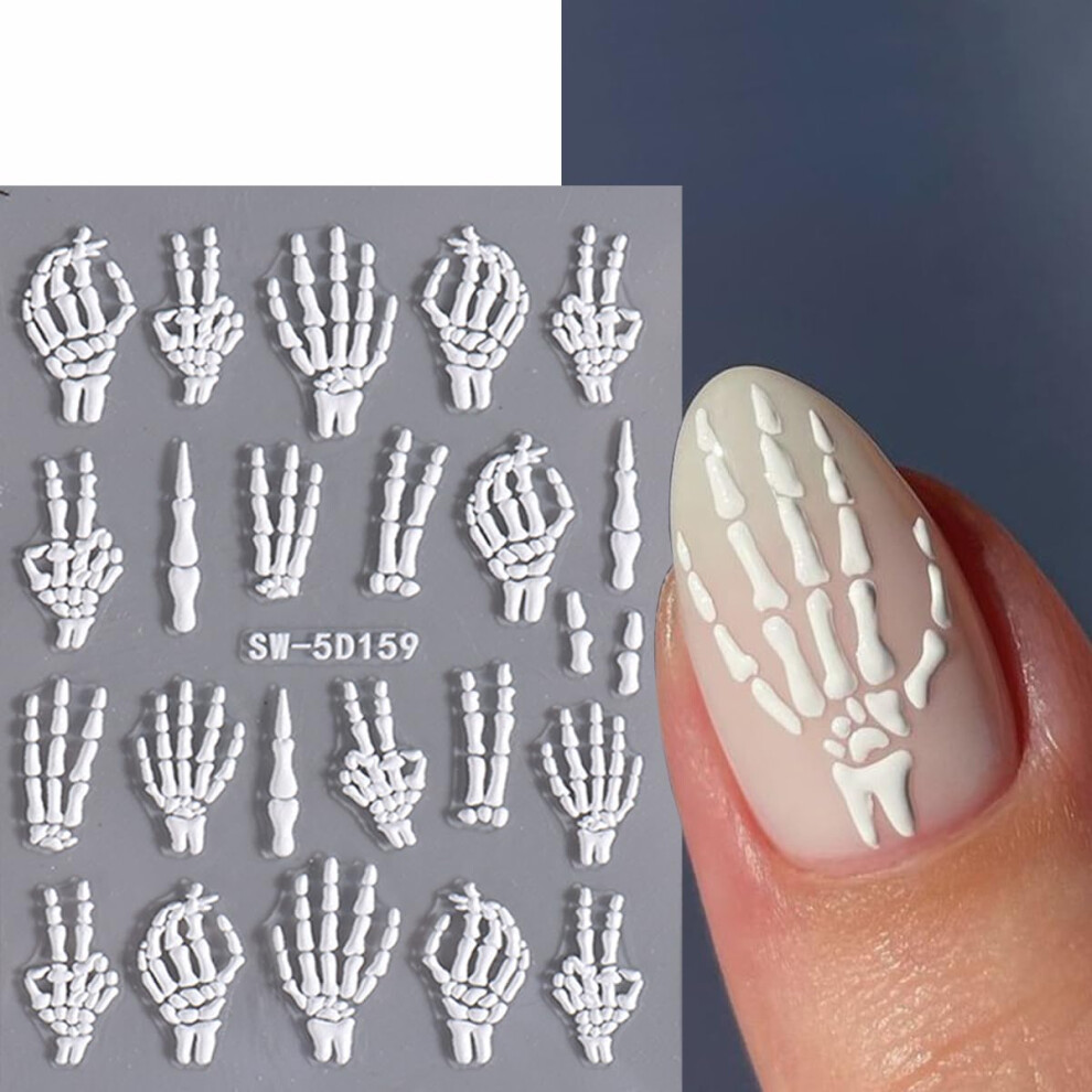 Halloween Nail Stickers 5D Embossed Skeleton Hand Design SelfAdhesive Nail Art Decals 4pcs