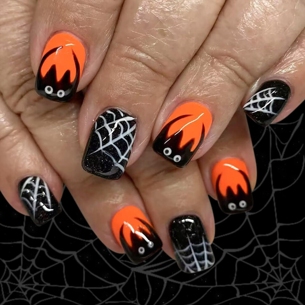 Halloween Press On Nails Short Square Black and Orange Bat Spiderweb Design Reusable 24pcs