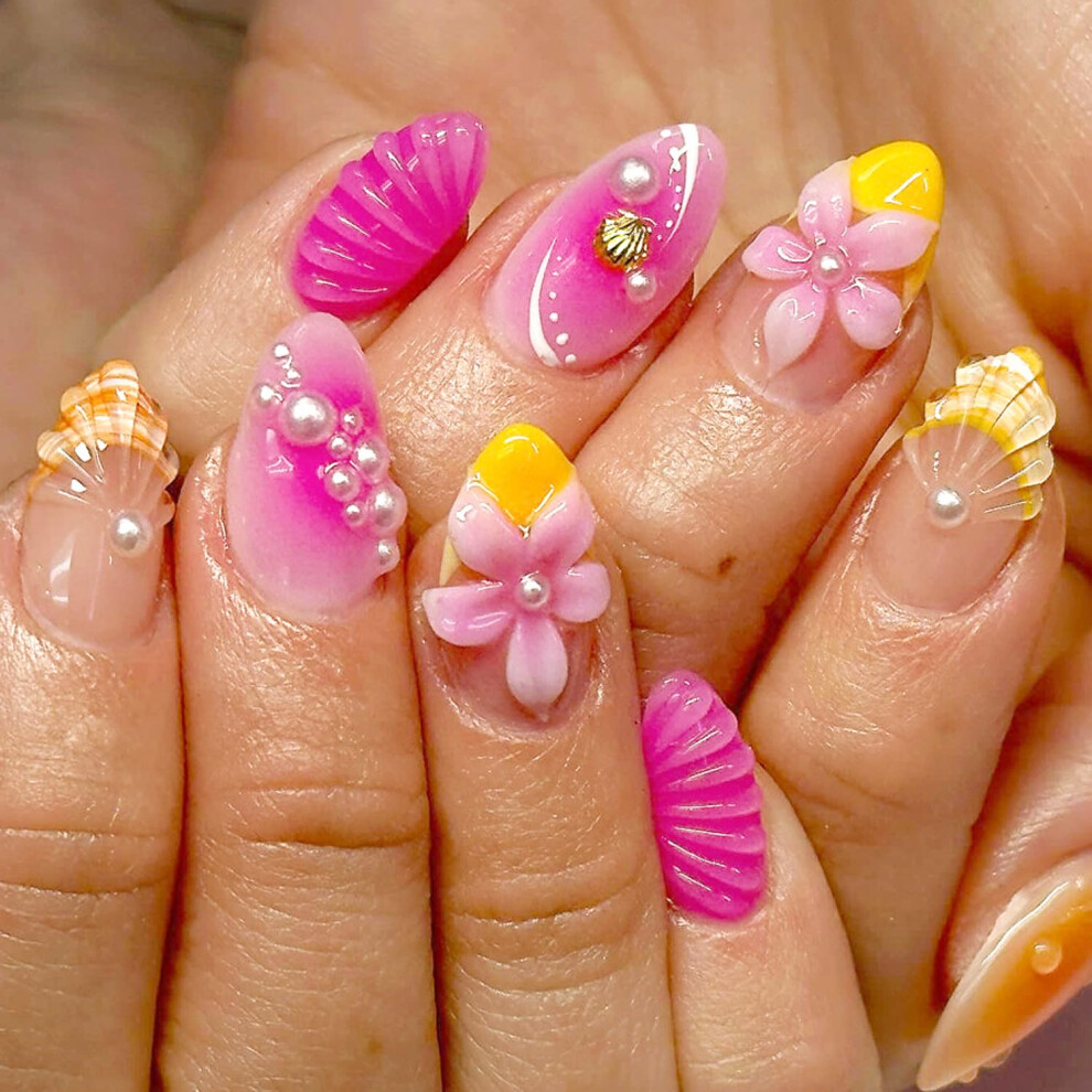 Pink Glossy Floral Almond Press On Nails French Tip Fake Nails Reusable Easy Application Kit