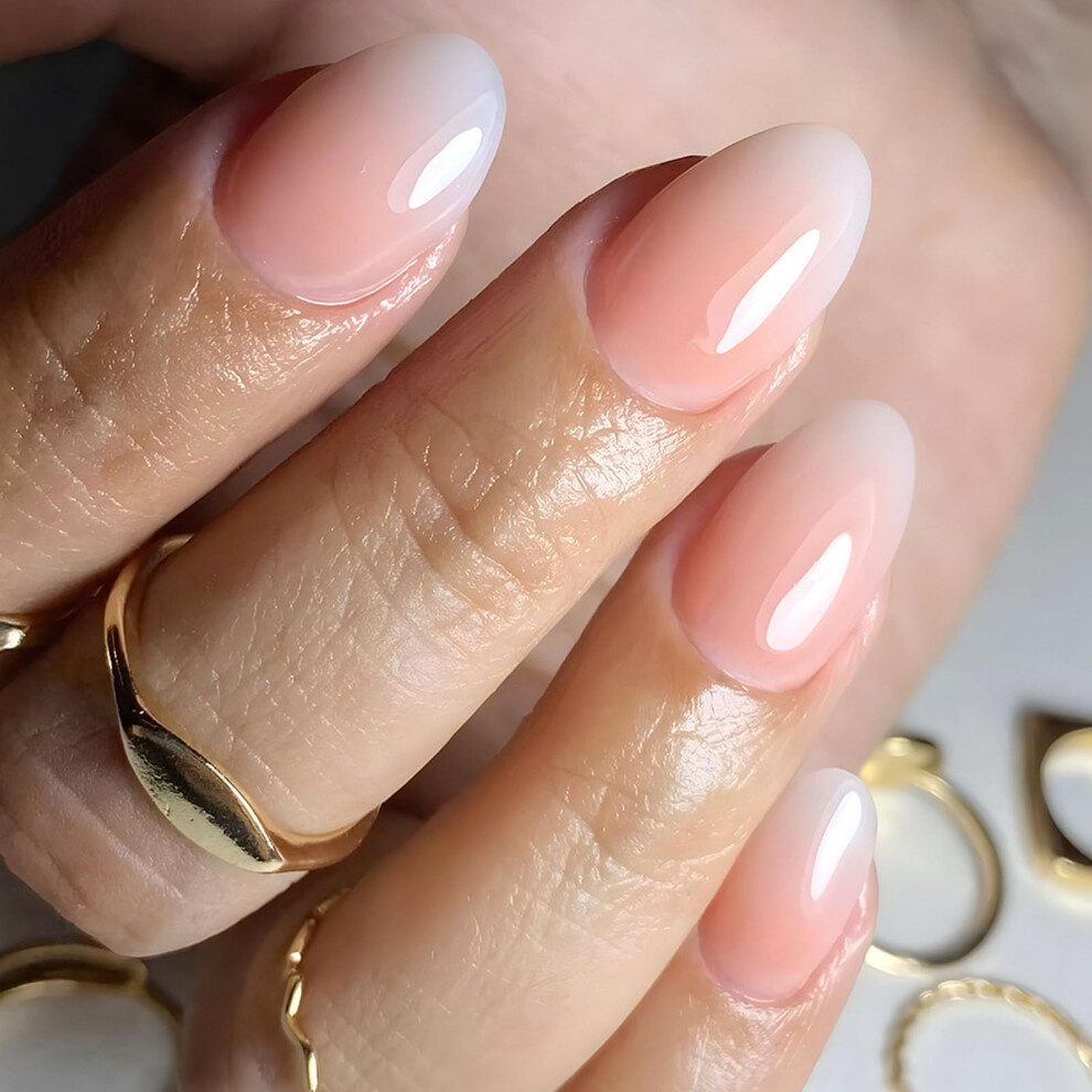 Cream Short Almond Gradient Press On Nails Nude Glossy Fake Nails Reusable Acrylic Stick On Set 30Pcs