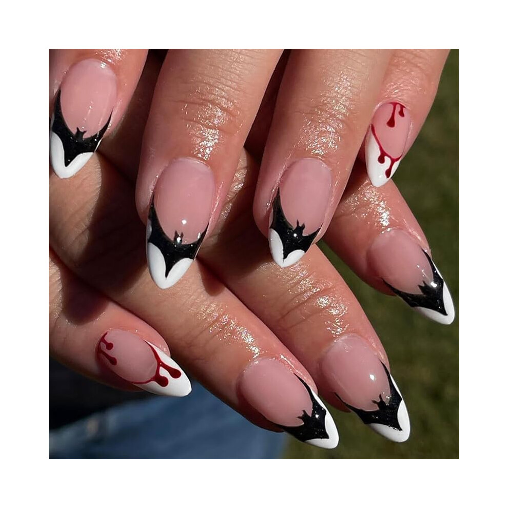 Black Halloween Almond Press On Nails Short Fake Nails With Bat And French Tip Bloody Design 24Pcs
