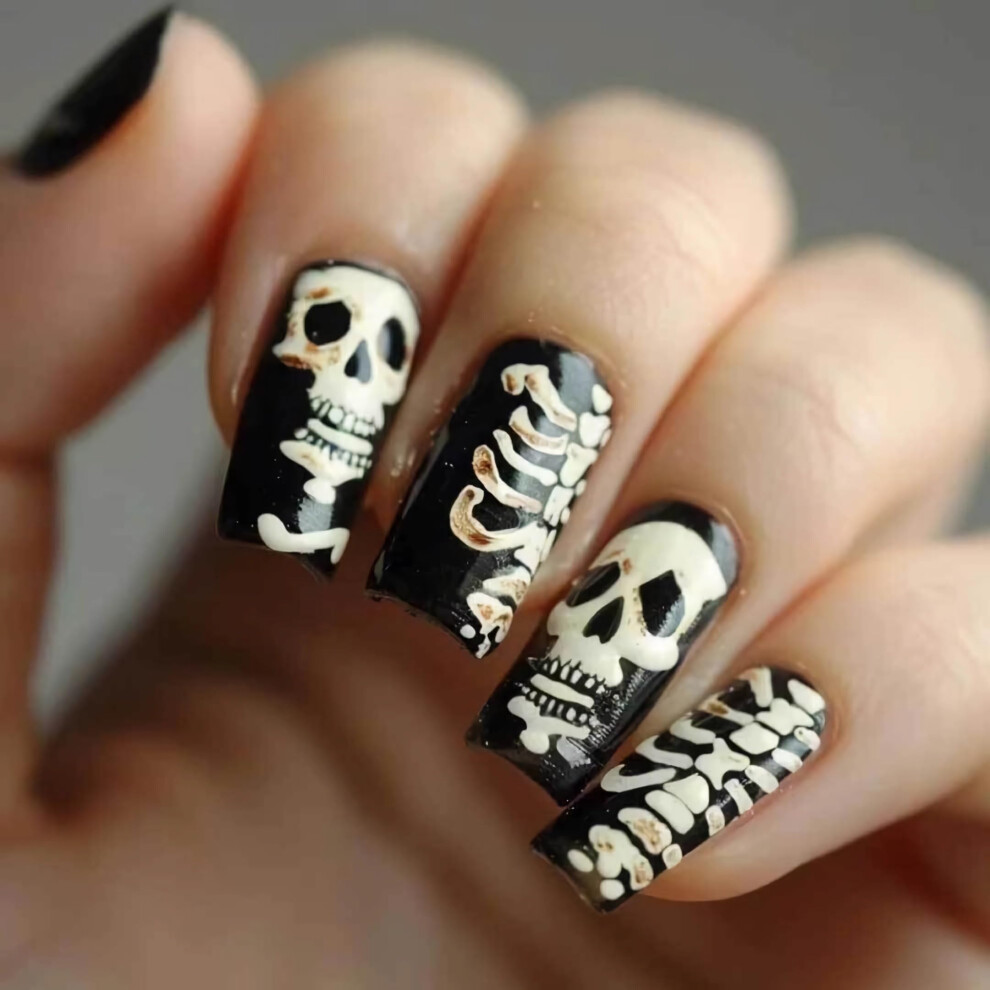 Black Gothic Press On Nails Medium Square Skull Design Acrylic False Nails With Glue 24Pcs
