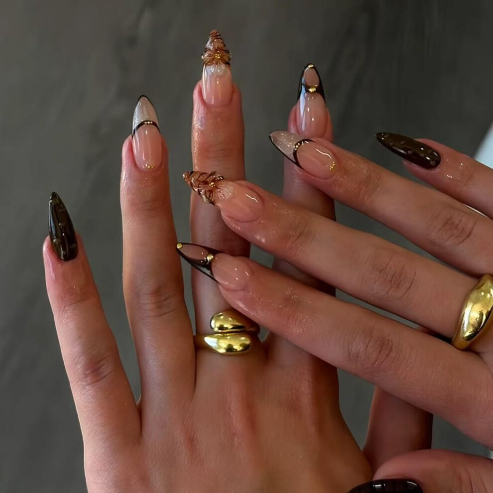 Medium Almond Press On Nails Brown 3D Flower Acrylic with Rhinestones 24 Pcs Full Cover for Women