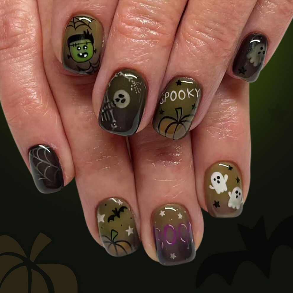 Halloween Short Square Press On Nails with Pumpkin Bat Ghost Art, Reusable Fake Nails for Women
