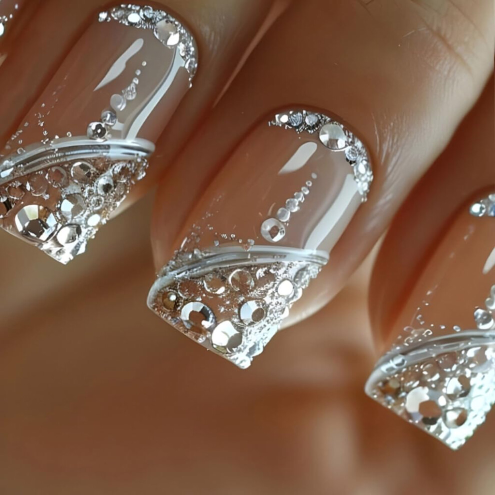 Short Square French Press On Nails with Glitter and Rhinestone Accents for Instant Elegant Style