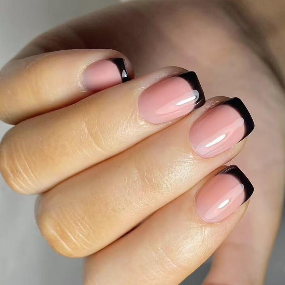 Black 24 Pcs French Tip Press On Nails Short Square Glossy False Nails With Salon Finish