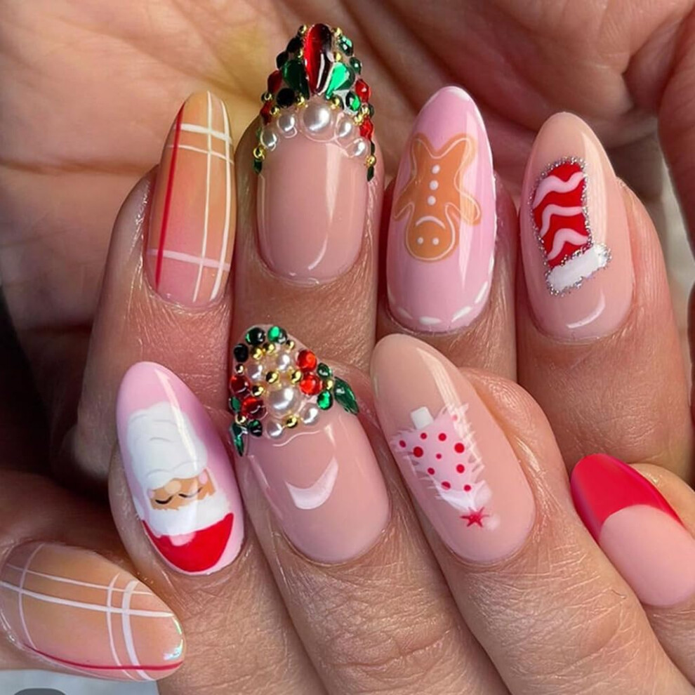 24 Pcs Almond Shape Press On Nails with Festive Santa French Tips for Christmas Salon Look