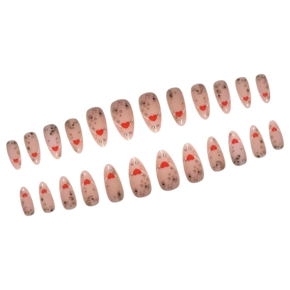 24Pcs Almond Press On Nails with Valentine Designs, Long Lasting Fake Nails for Women