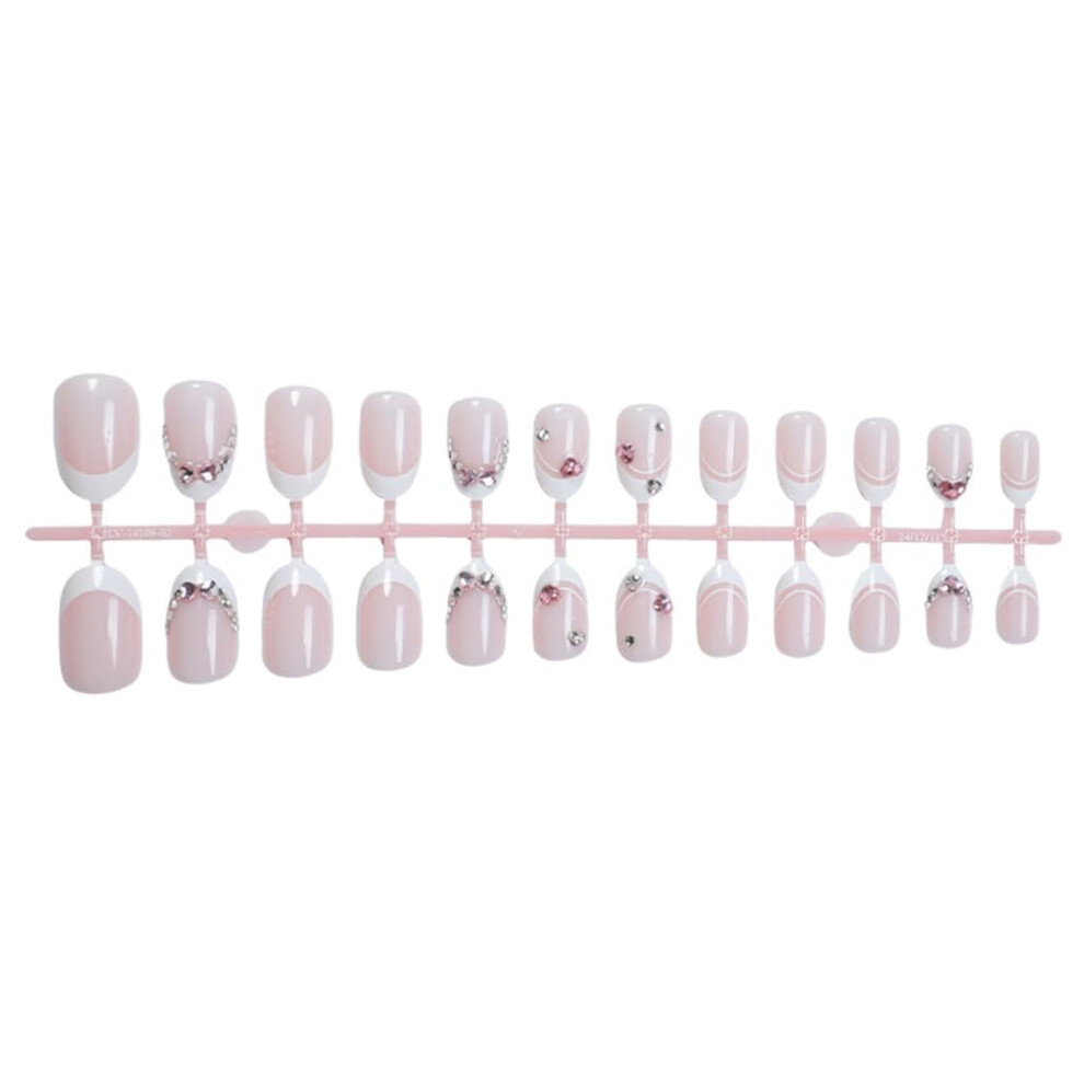24pcs French Tip Almond Press On Nails with Rhinestones, Glossy Instant Salon Manicure Set