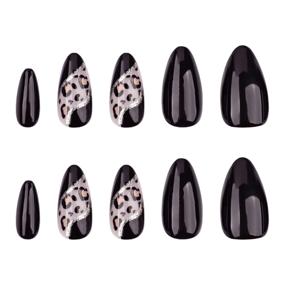 24Pcs Almond Press On Nails Set Leopard French Tip Fake Nails Glossy Finish Reusable