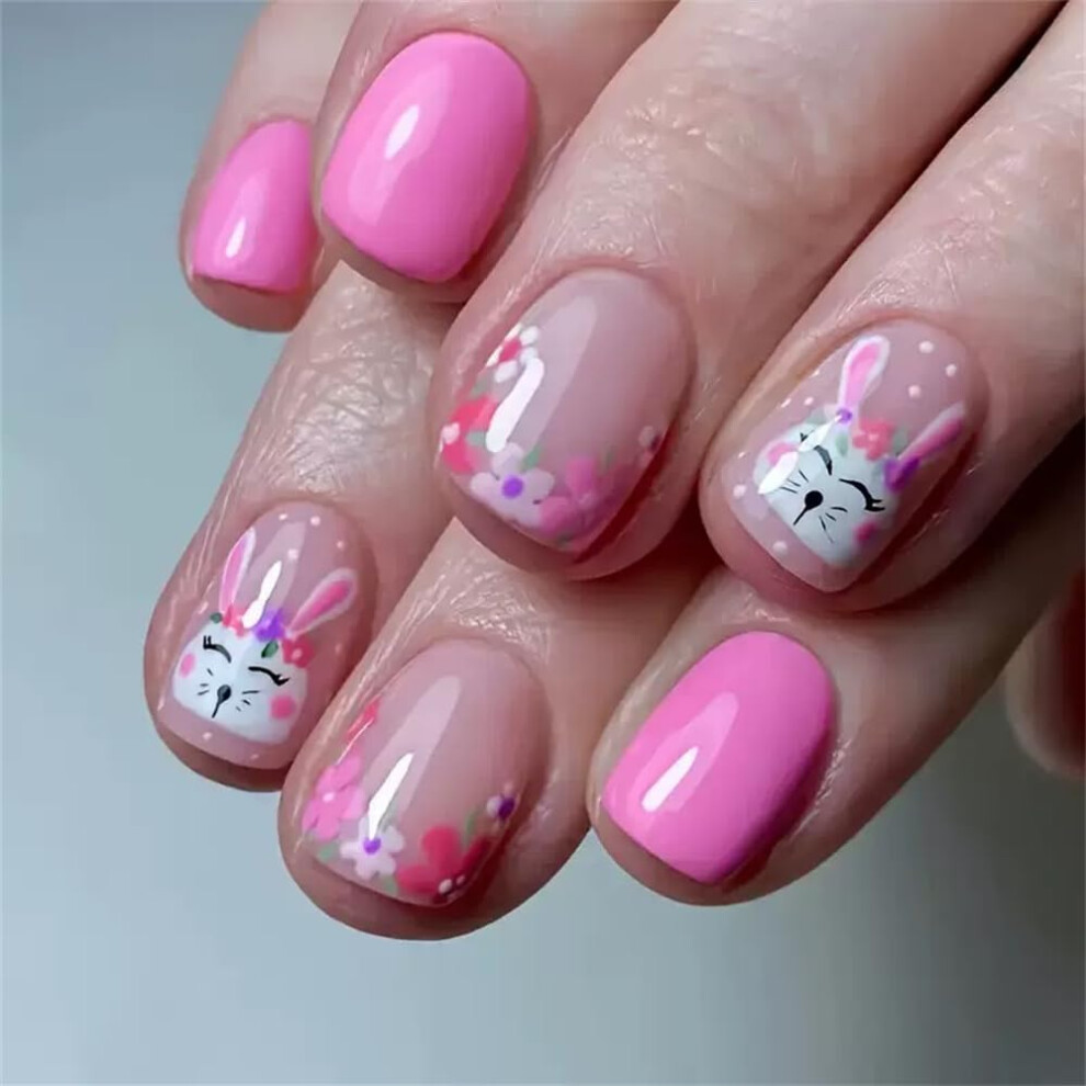 Pink Press On Nails Kit Easter Bunny False Nails Glossy Spring Full Cover Reusable Set 24Pcs
