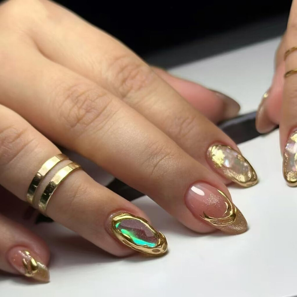Gold 24Pcs Almond Shape Glitter Press On Nails False Nails With Instant Glamour Finish