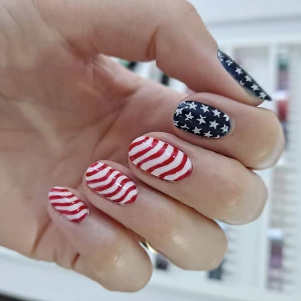 Independence Day Press On Nails Patriotic French Tip Fake Nails American Flag Square Acrylic