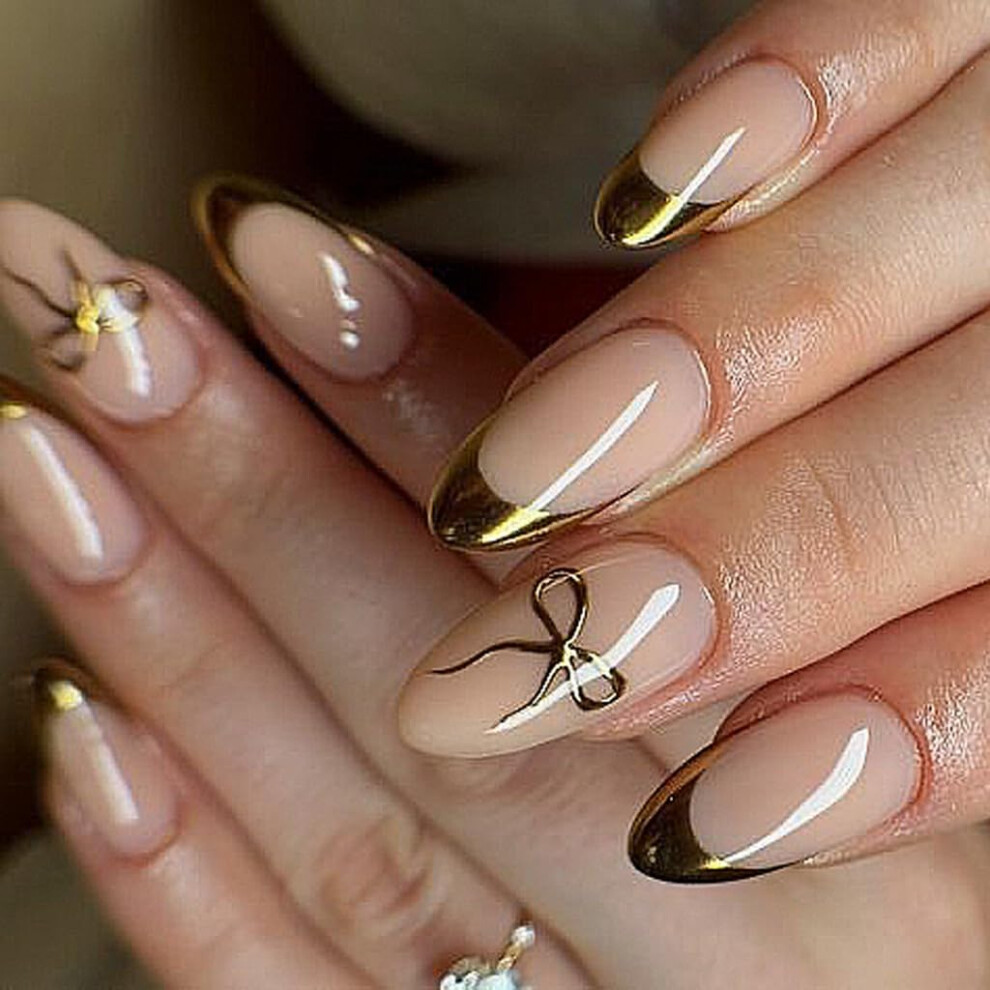 Glossy Almond Press On Nails Set, 24pcs French Tip Fake Nails with Natural Comfortable Fit