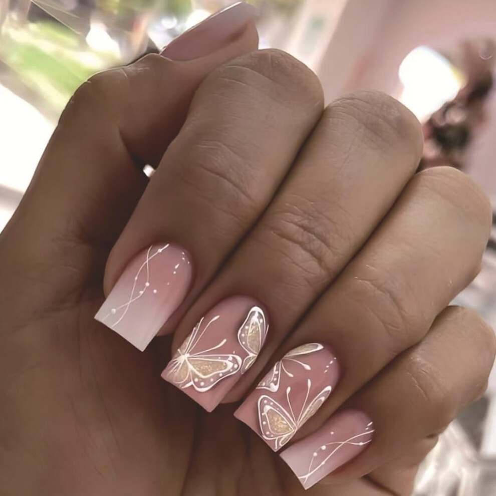 Butterfly Press On Nails Set 24pcs Acrylic Fake Nails with Glue ReadytoWear Manicure for Women