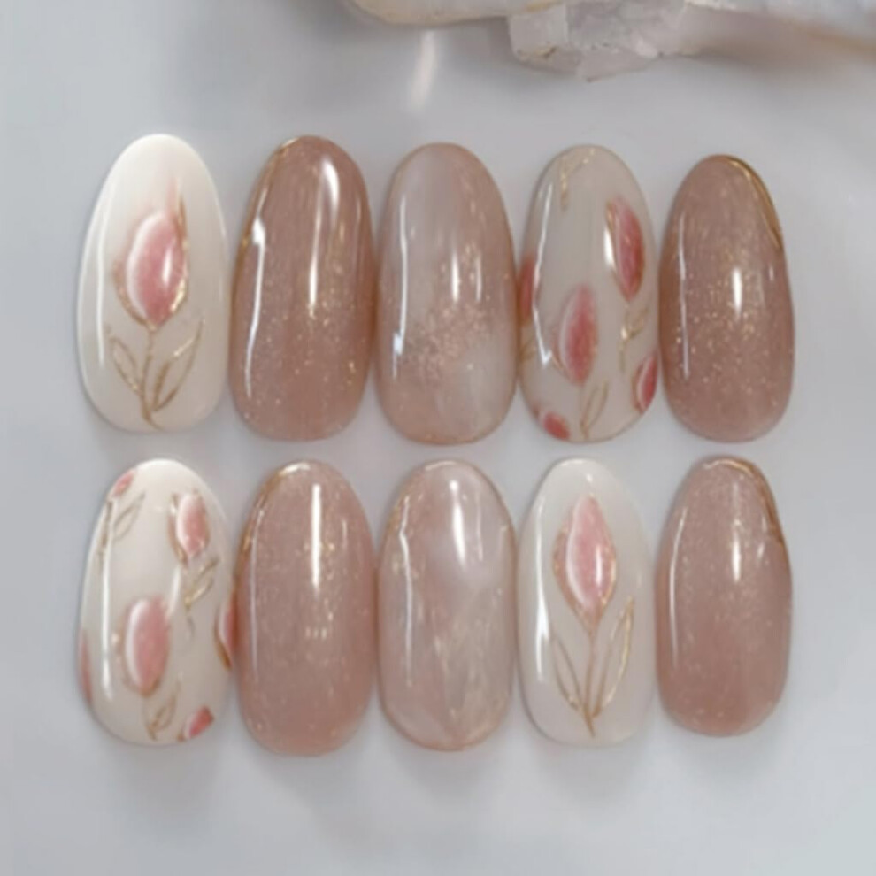 Almond French Tip Press On Nails with Flower and Glitter Design for LongLasting Salon Look
