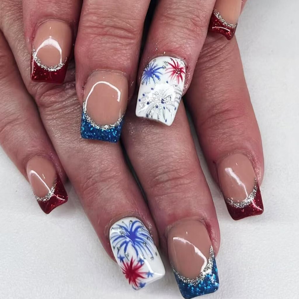 Fourth of July Press On Nails French Tips American Flag Patriotic Fake Nails Glossy Durable Finish