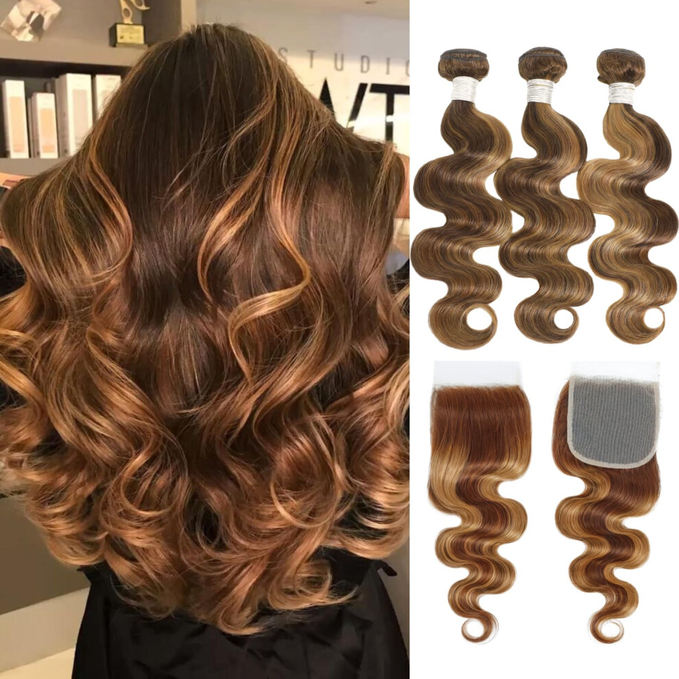 Unisex Brazilian Body Wave Bundles With Closure P4/27 Honey Blonde Highlight 18 20 22 Inch Virgin Hair