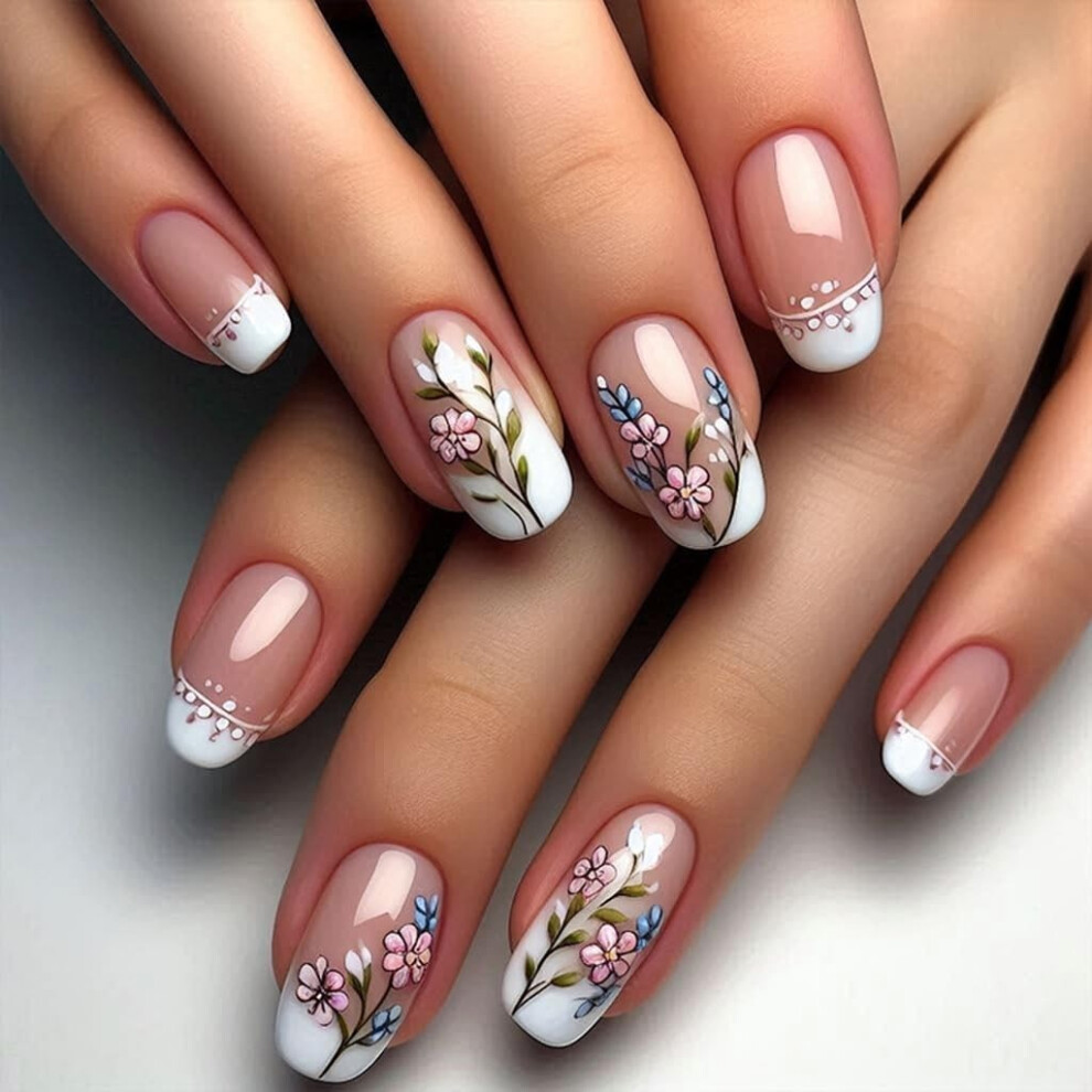 24pcs French Flower Press On Nails with French Tip Design and Multiple Size Options for Women