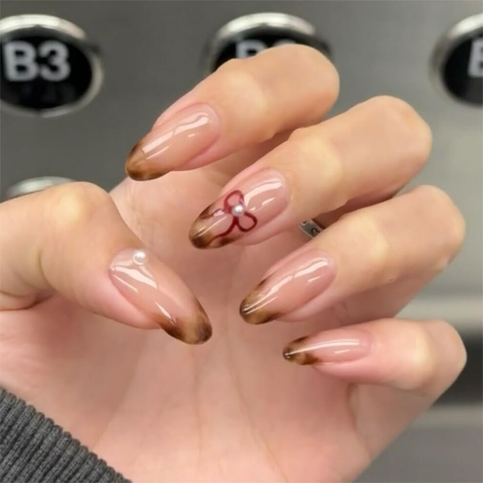 Press On Nails Short Almond French Tip with Leopard Bowknot Accents, 24pcs Full Cover for Weddings and Parties