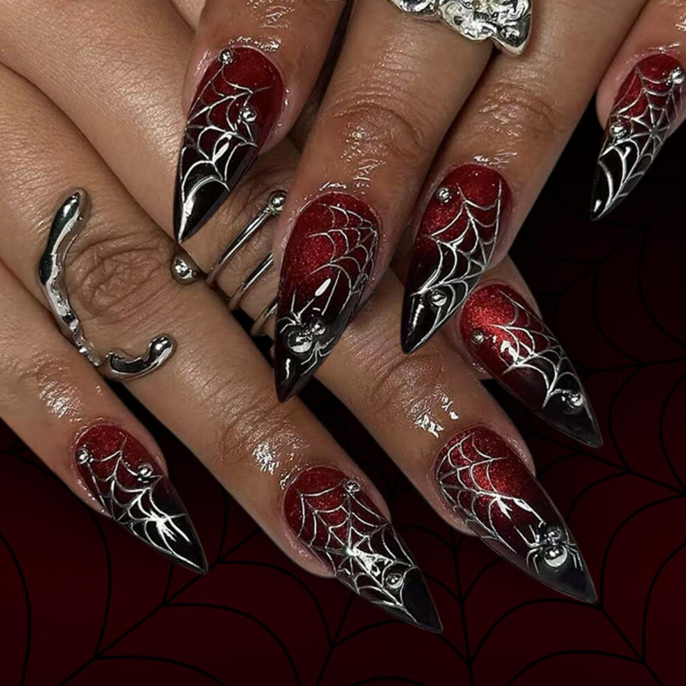 Red Halloween Press On Nails Spider Web Fake Nails Dark Long Almond Stiletto Reusable 24Pcs