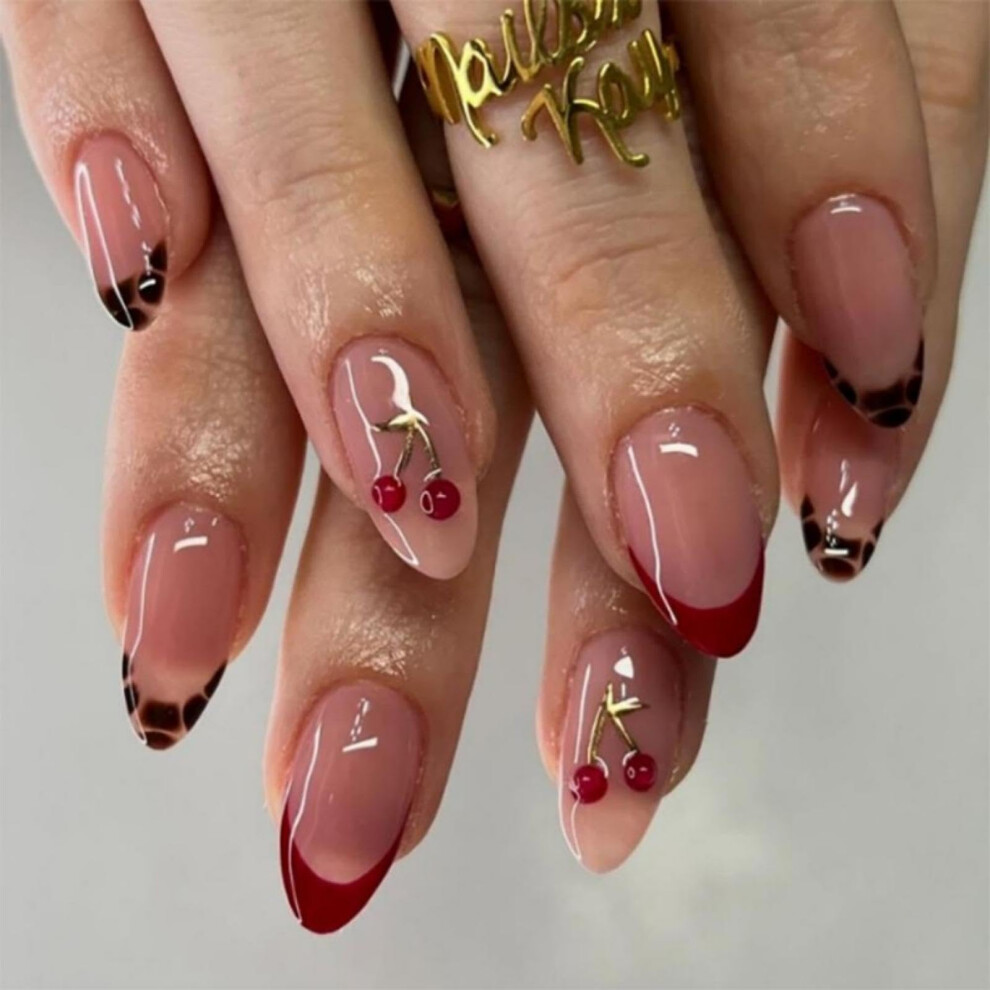 Red French Tip Press On Nails With 3D Cherry Design, Medium Almond Reusable Fake Nails 24Pcs