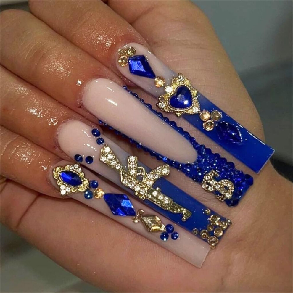 24 Pcs Long Coffin Press On Nails with Glitter Rhinestones French Tip Acrylic Fake Nail Set