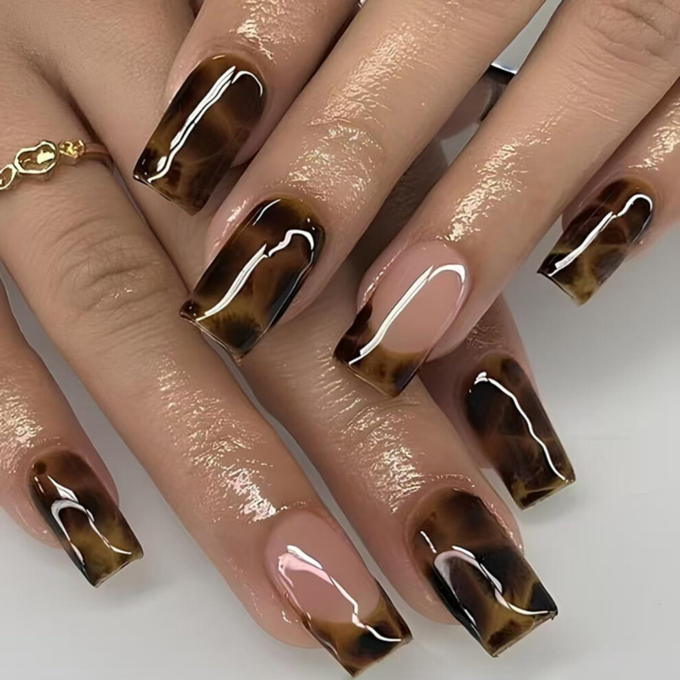 Gold Short Square Press On Nails Orange Floral With Glossy Accent Fake Nails For Women 24Pcs