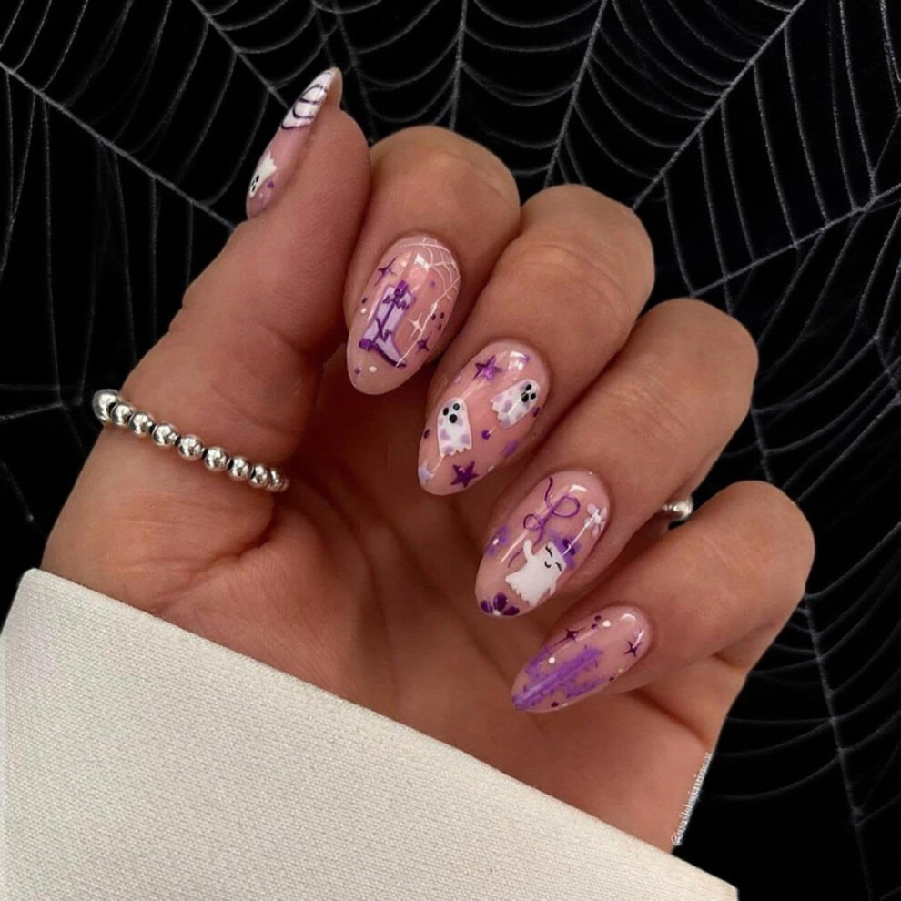 Halloween Ghost Press On Nails Short Almond Nude False Nails Reusable Cute Full Cover Set 24Pcs