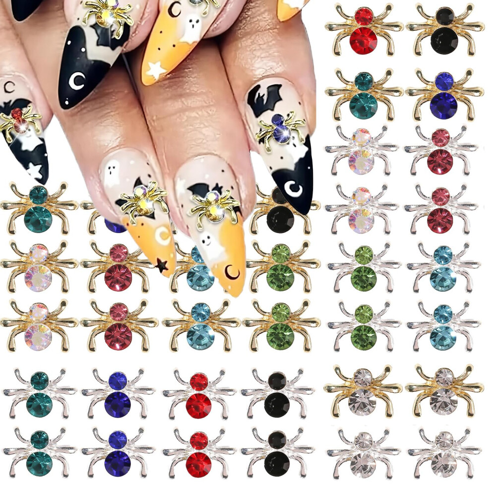 36pcs Halloween Nail Charms 3D Spider Design with Multicolor Rhinestones for Acrylic Nails