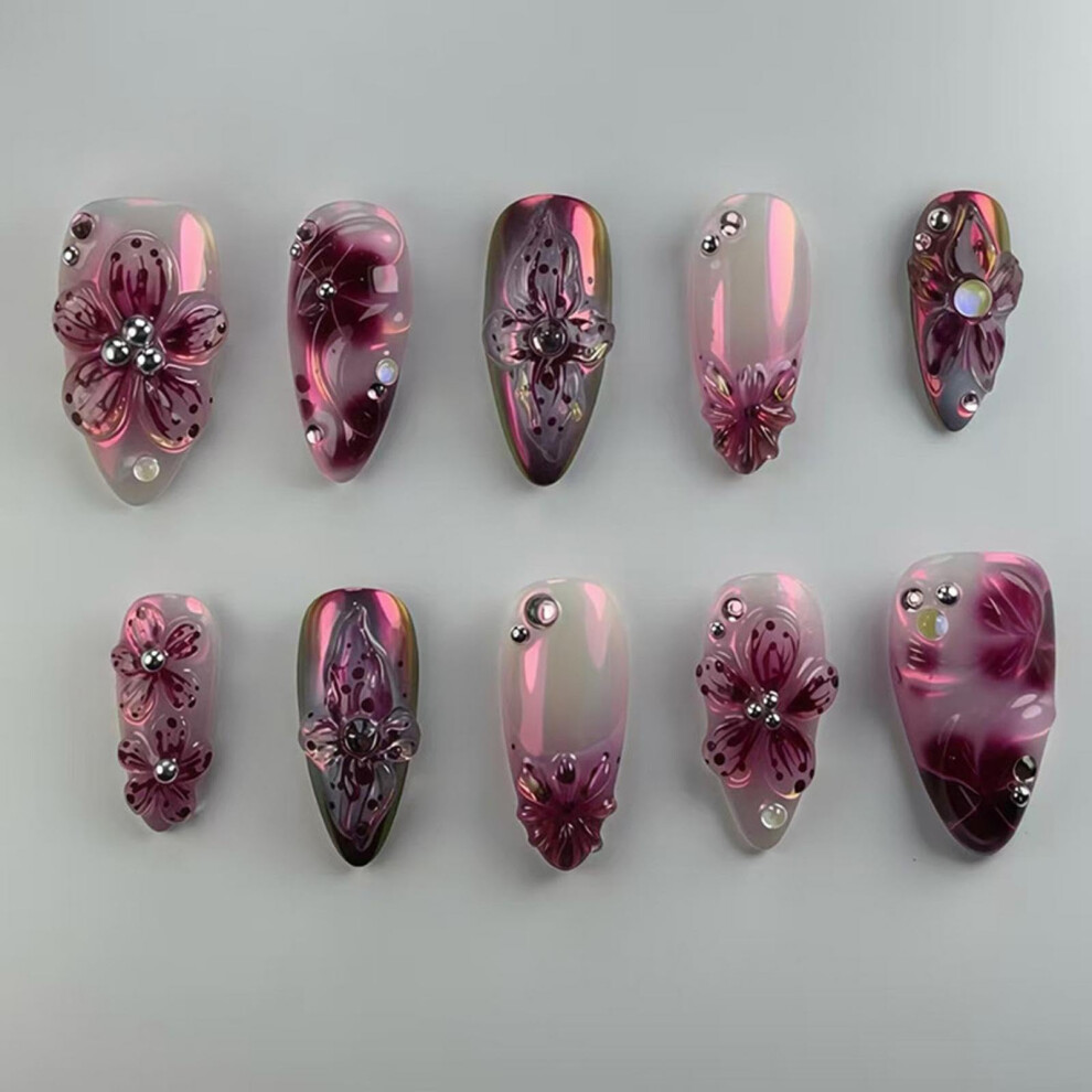 Purple Medium Almond Press On Nails Floral Ombre Fake Nails Glossy Full Cover 24Pcs