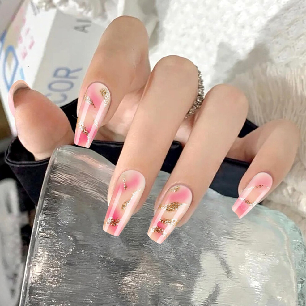 Coffin Press On Nails with Glitter Designs, 24pcs Glossy Fake Nails in 12 Sizes for Nail Art