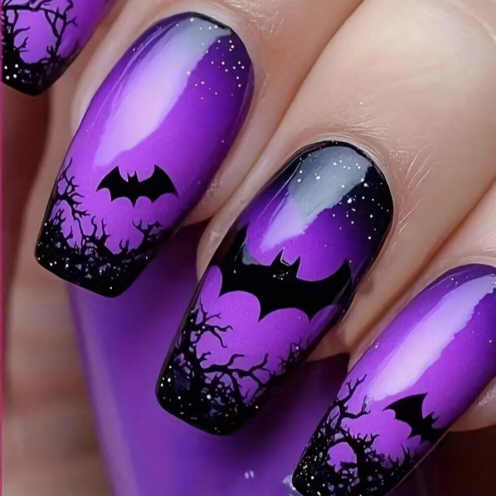 Purple Halloween Bat Press On Nails Ombre Short Coffin Fake Nails Glossy Full Cover 24Pcs
