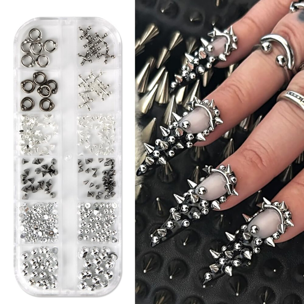 3D Nail Art Charms Silver Black Punk Cone Spike Studs Cross Rings Alloy Y2K Manicure Decorations