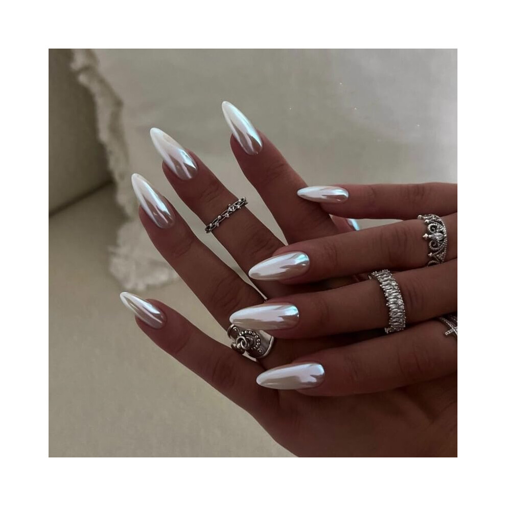 Almond French Tip Press on Nails with Rhinestones Glossy Reusable Fake Nails Set 24Pcs