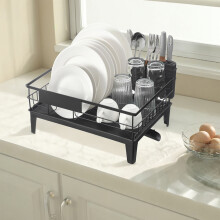 Kitchen Plate Rack, Dish Drainer with Drainboard and Cutlery Holder, Countertop Organizer, 31 x 42 x 18.5 cm, Black