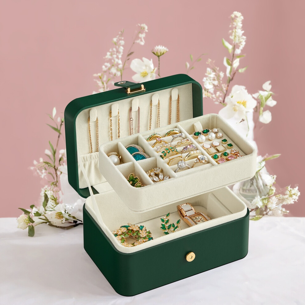 Songmics Portable Jewelry Box, Travel Jewelry Case, 2-Layer Jewelry Organizer, For Larger Accessories, Pu Surface, Gift, Dark Green