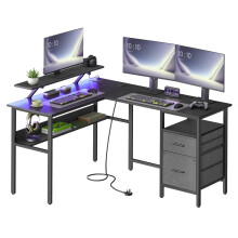 L-Shaped Desk with Power Outlets, Corner Desk, Computer Desk with Monitor Shelf, Gaming Desk with LED Lights, 2 Drawers, 2 USB Ports